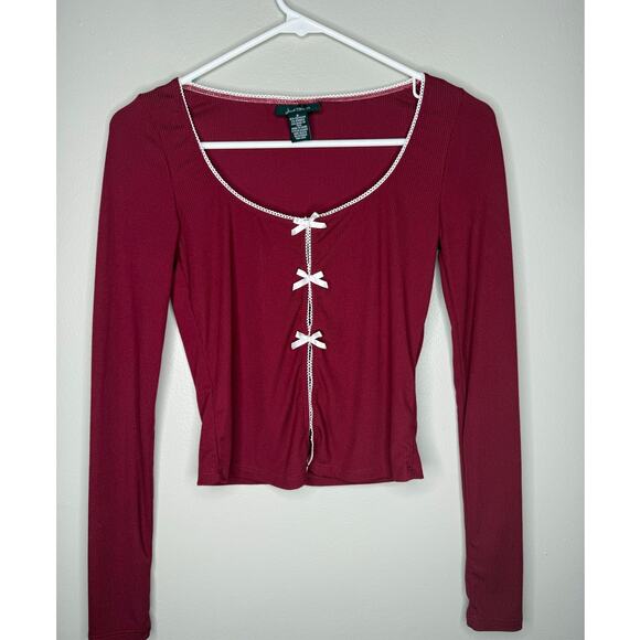 Oh Polly Tops - Just Polly New York Burgundy Ribbed Bow Detail Long Sleeve Top – Size Small